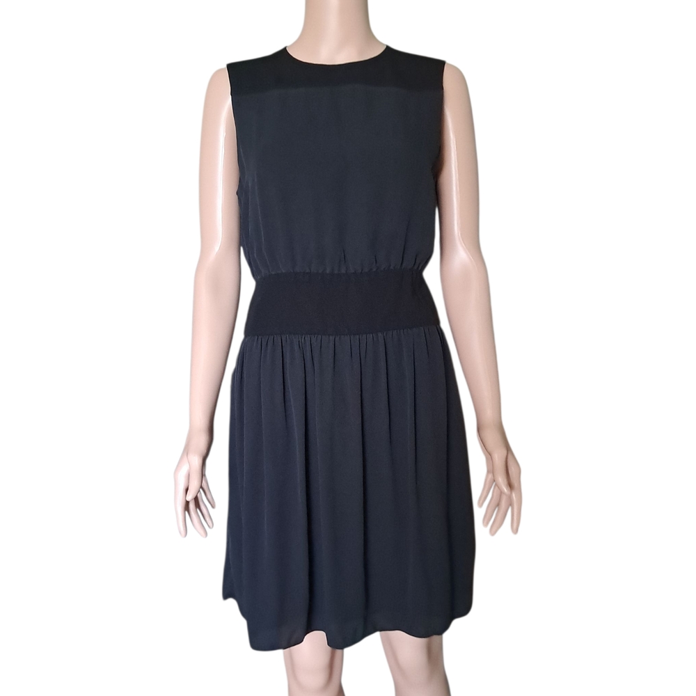 Theory Women’s Black Blouson Dress, Size 6. 100% Silk shell, sleeveless